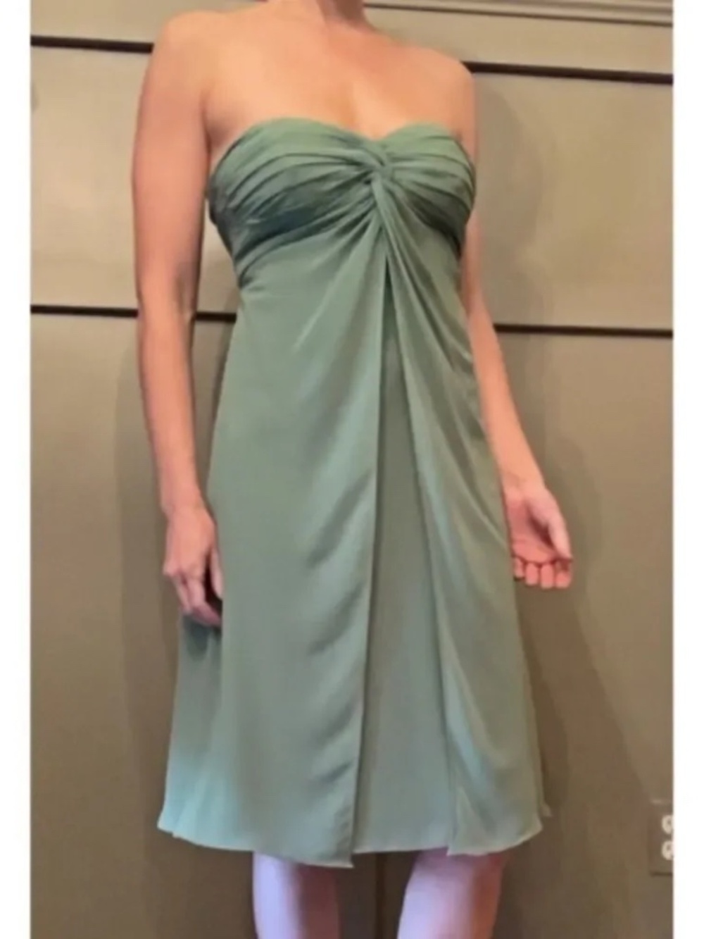 Bill Levkoff Chiffon Strapless Sweetheart Cocktail Length Bridesmaid Dress Green